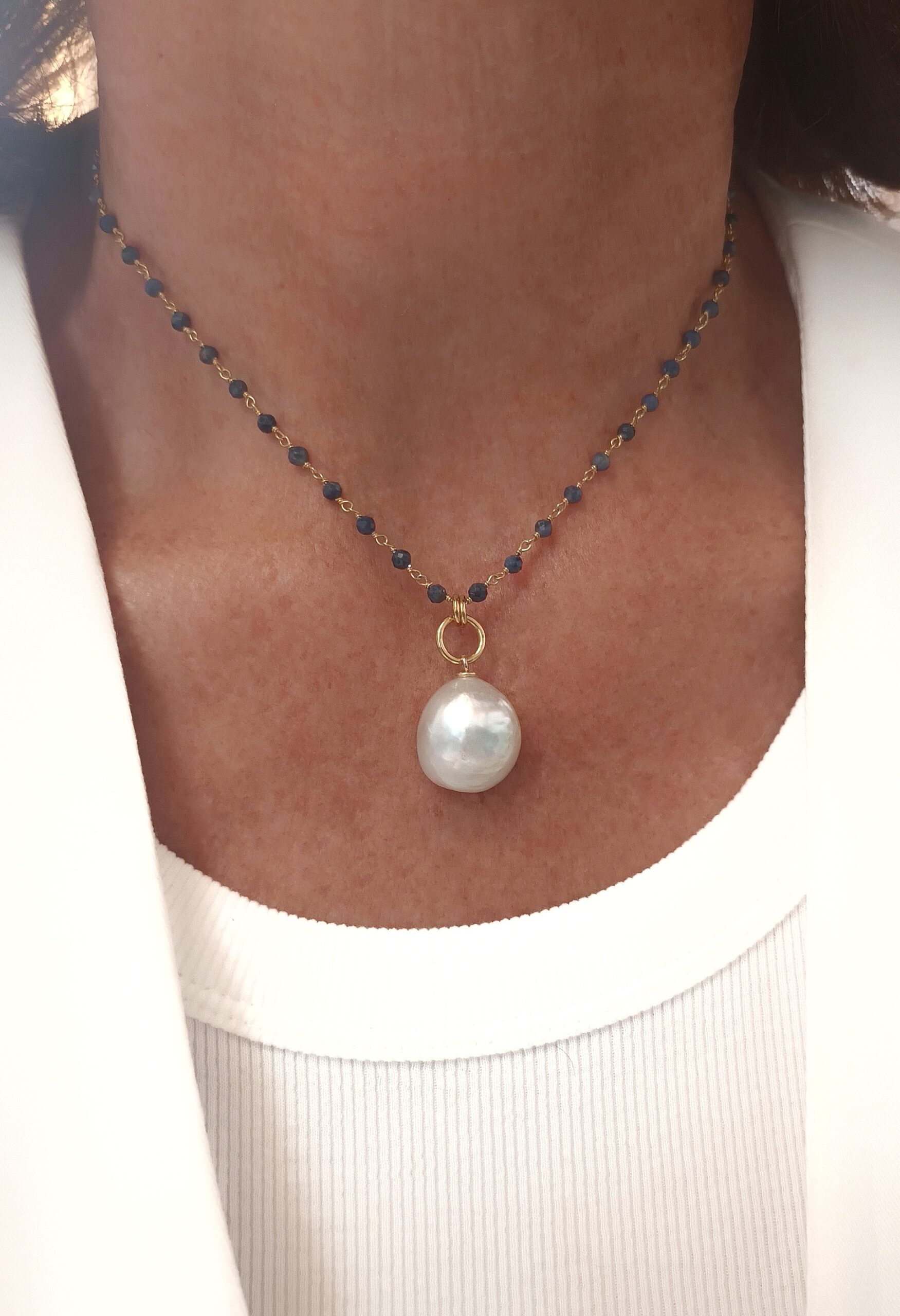 Collar rosario azul con perla 4543 Golden - Imagen 2